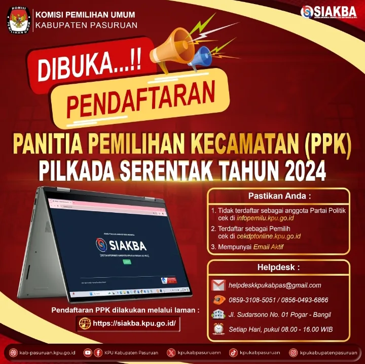 KPU Kabupaten Pasuruan Membuka Pendaftaran PPK Pilkada Serentak Tahun 2024